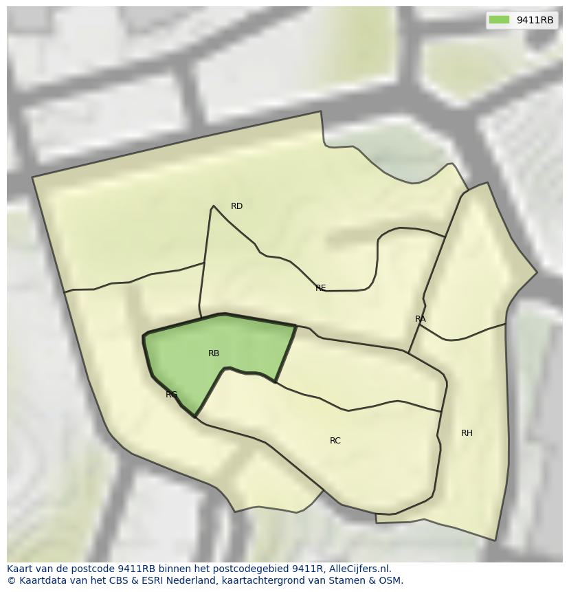 Afbeelding van het postcodegebied 9411 RB op de kaart.