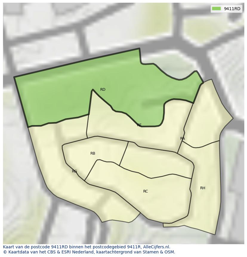 Afbeelding van het postcodegebied 9411 RD op de kaart.