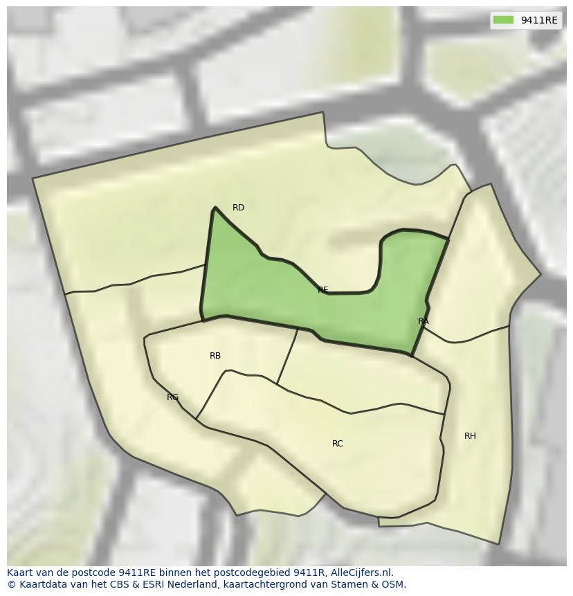 Afbeelding van het postcodegebied 9411 RE op de kaart.