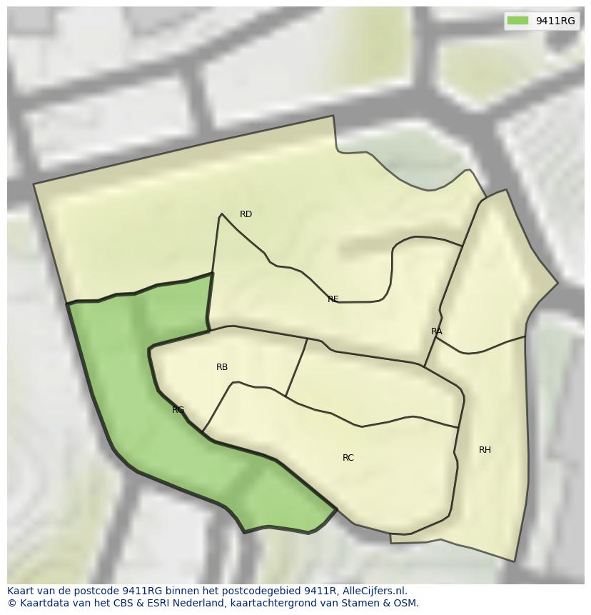 Afbeelding van het postcodegebied 9411 RG op de kaart.