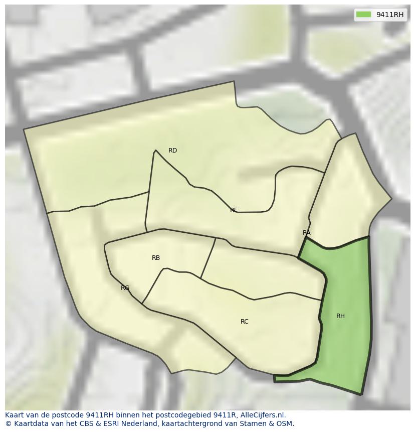 Afbeelding van het postcodegebied 9411 RH op de kaart.