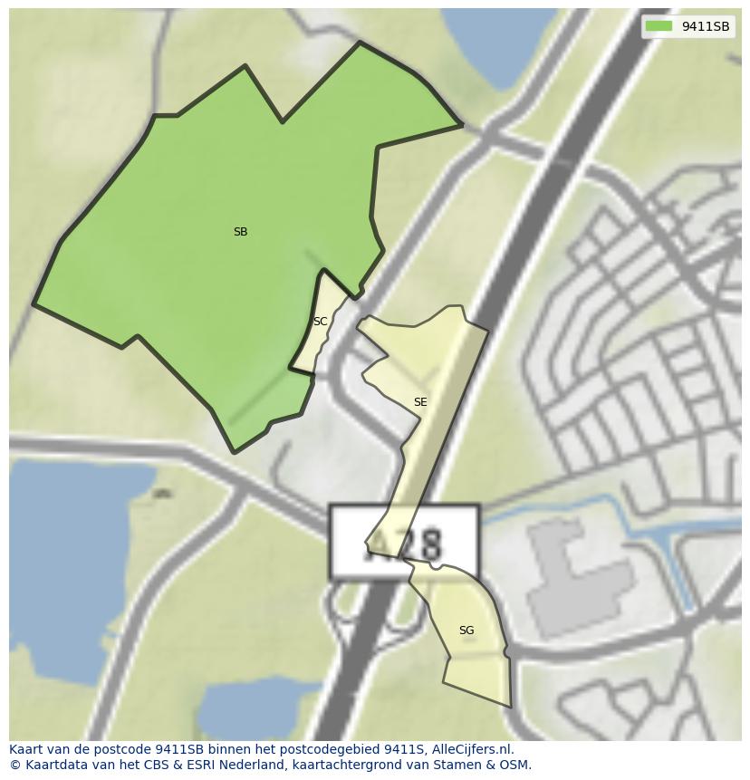 Afbeelding van het postcodegebied 9411 SB op de kaart.