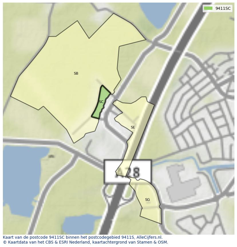Afbeelding van het postcodegebied 9411 SC op de kaart.
