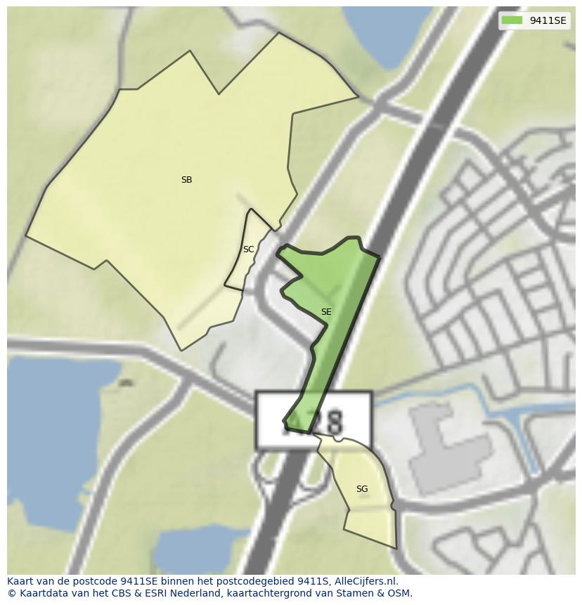 Afbeelding van het postcodegebied 9411 SE op de kaart.