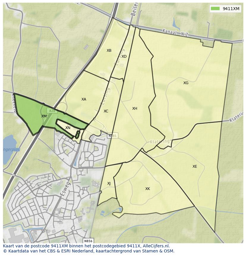 Afbeelding van het postcodegebied 9411 XM op de kaart.