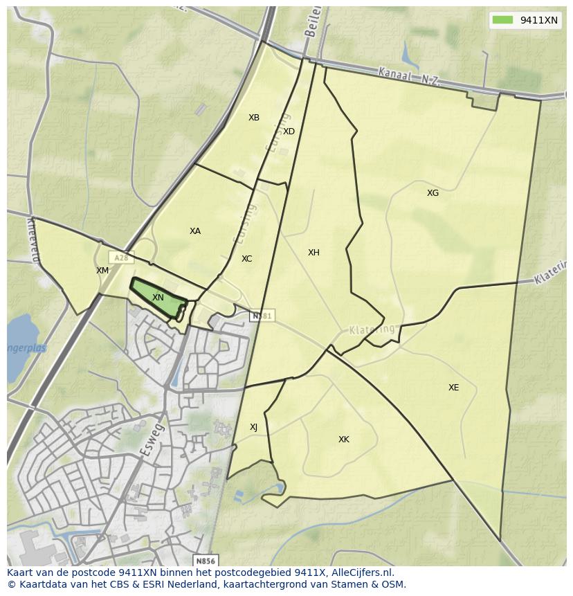 Afbeelding van het postcodegebied 9411 XN op de kaart.