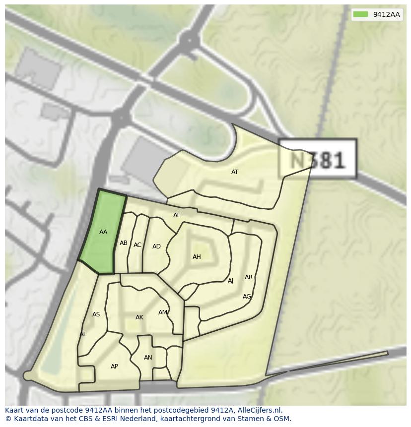 Afbeelding van het postcodegebied 9412 AA op de kaart.