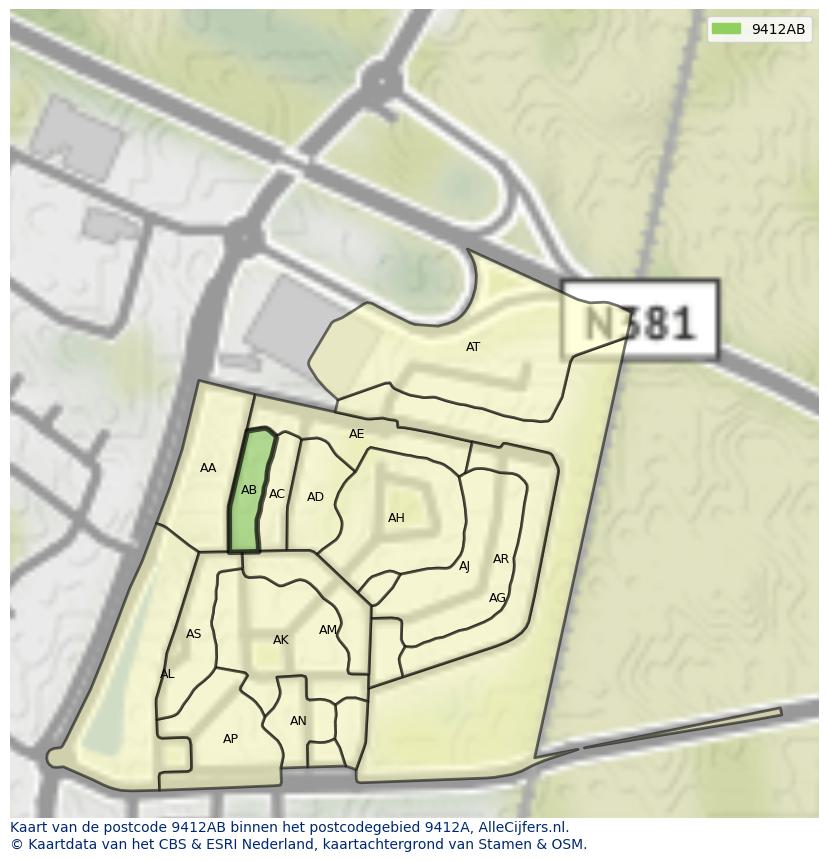 Afbeelding van het postcodegebied 9412 AB op de kaart.