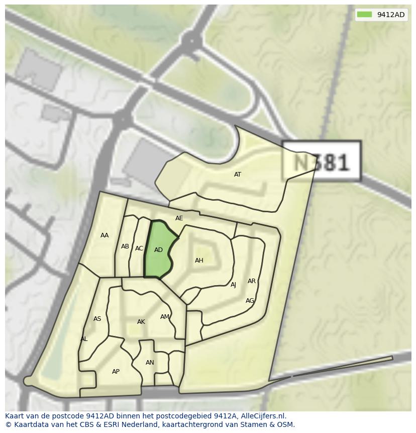 Afbeelding van het postcodegebied 9412 AD op de kaart.