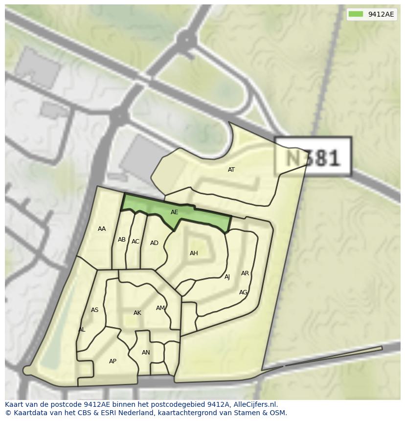 Afbeelding van het postcodegebied 9412 AE op de kaart.