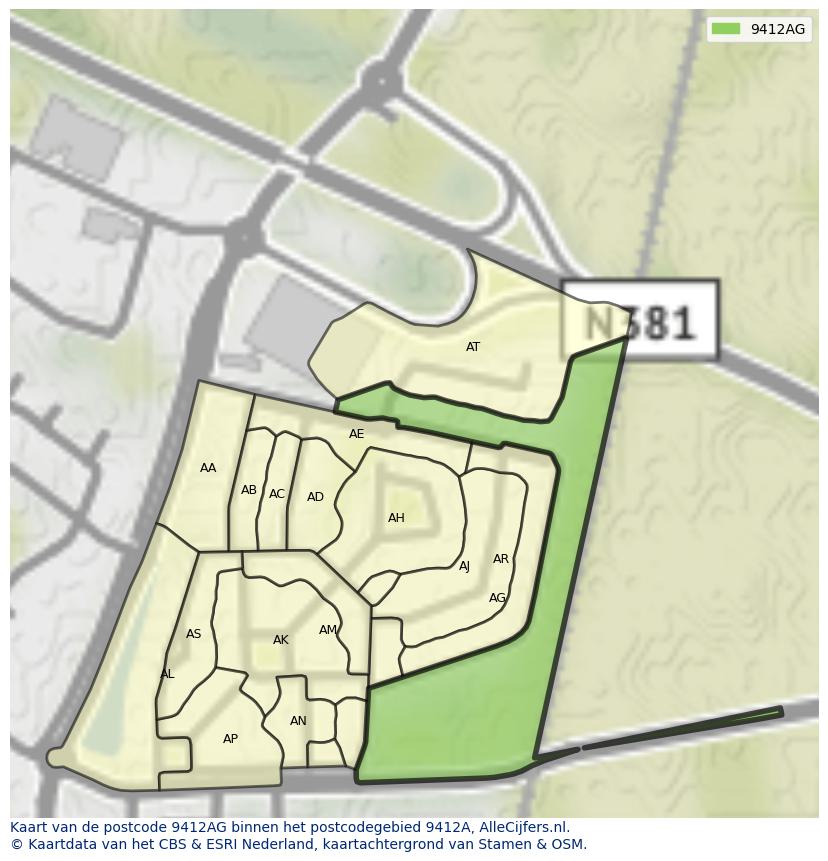 Afbeelding van het postcodegebied 9412 AG op de kaart.
