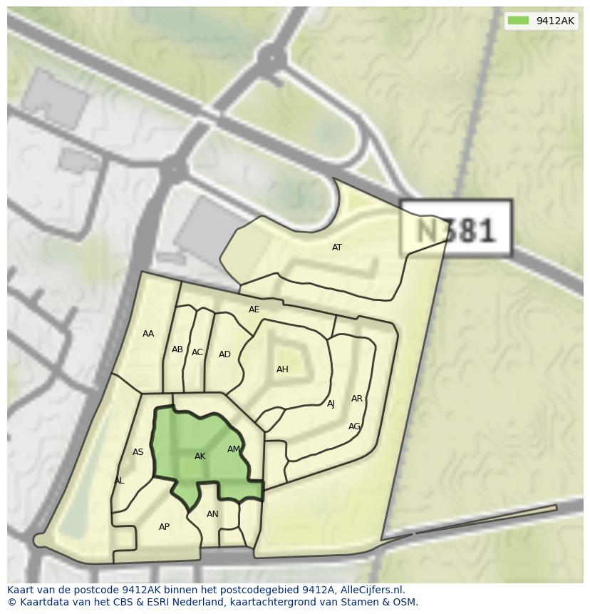 Afbeelding van het postcodegebied 9412 AK op de kaart.