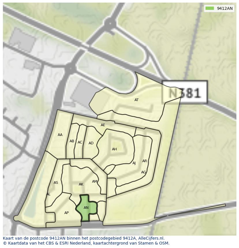 Afbeelding van het postcodegebied 9412 AN op de kaart.