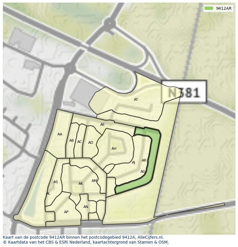 Afbeelding van het postcodegebied 9412 AR op de kaart.