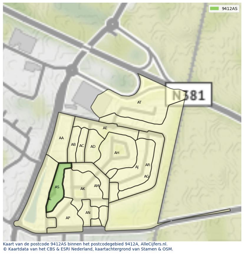 Afbeelding van het postcodegebied 9412 AS op de kaart.