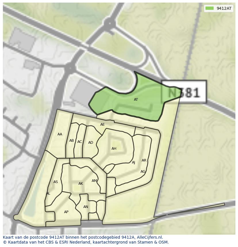 Afbeelding van het postcodegebied 9412 AT op de kaart.