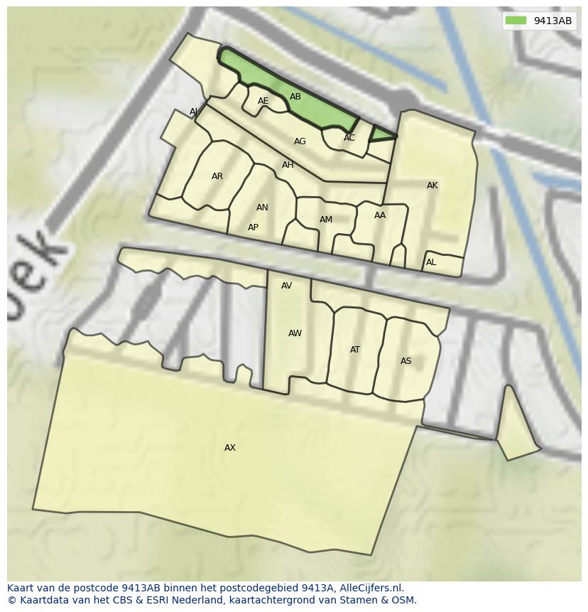 Afbeelding van het postcodegebied 9413 AB op de kaart.