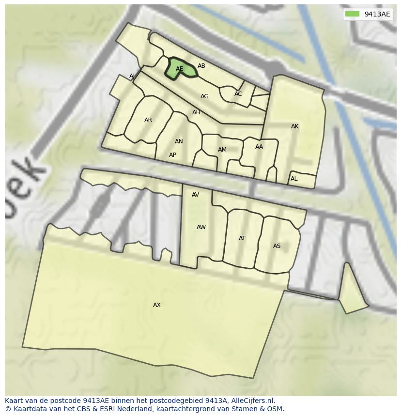 Afbeelding van het postcodegebied 9413 AE op de kaart.