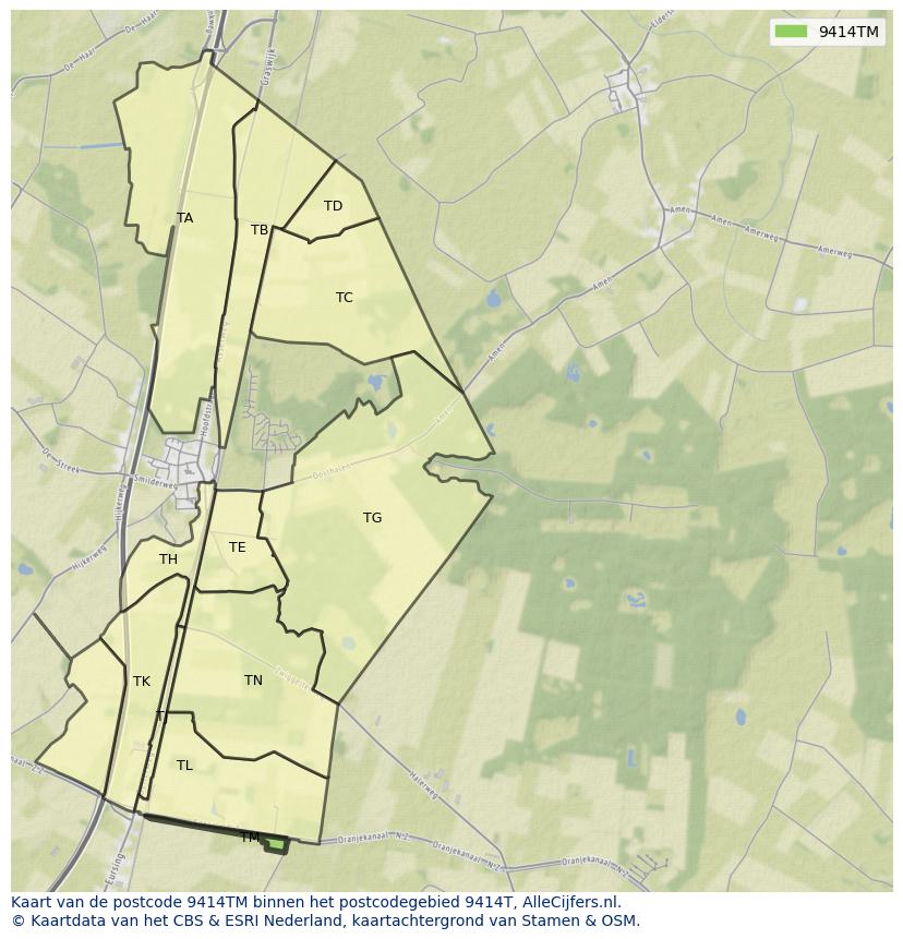 Afbeelding van het postcodegebied 9414 TM op de kaart.