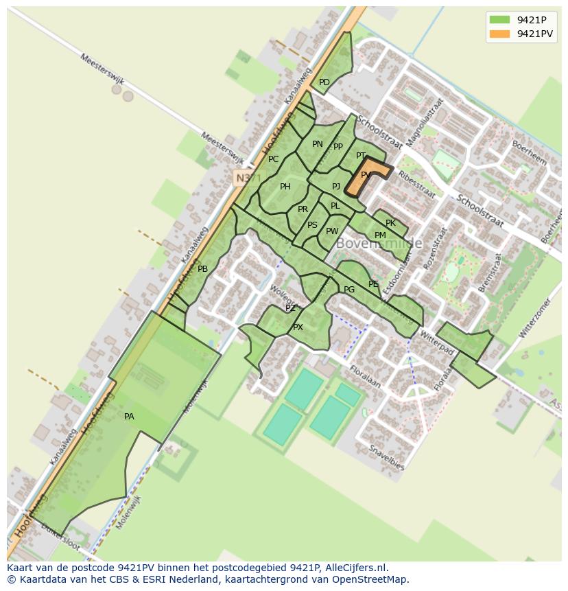 Afbeelding van het postcodegebied 9421 PV op de kaart.