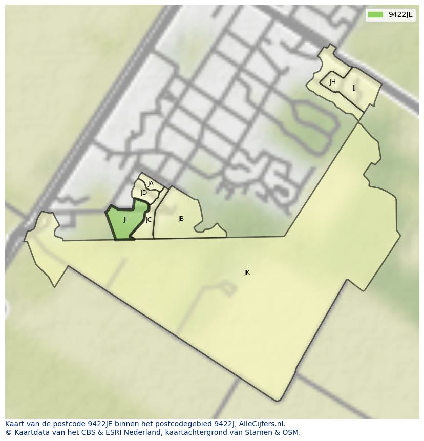 Afbeelding van het postcodegebied 9422 JE op de kaart.