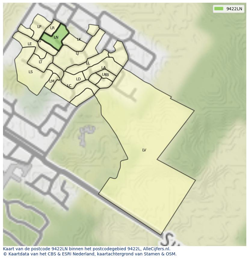 Afbeelding van het postcodegebied 9422 LN op de kaart.