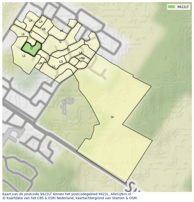 Afbeelding van het postcodegebied 9422 LT op de kaart.