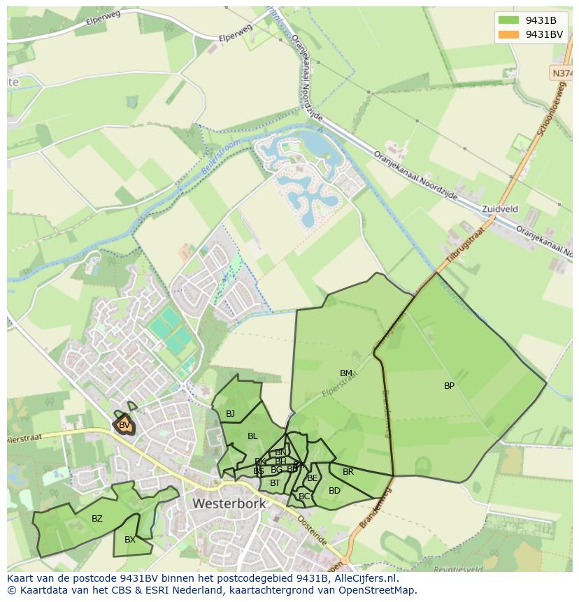 Afbeelding van het postcodegebied 9431 BV op de kaart.