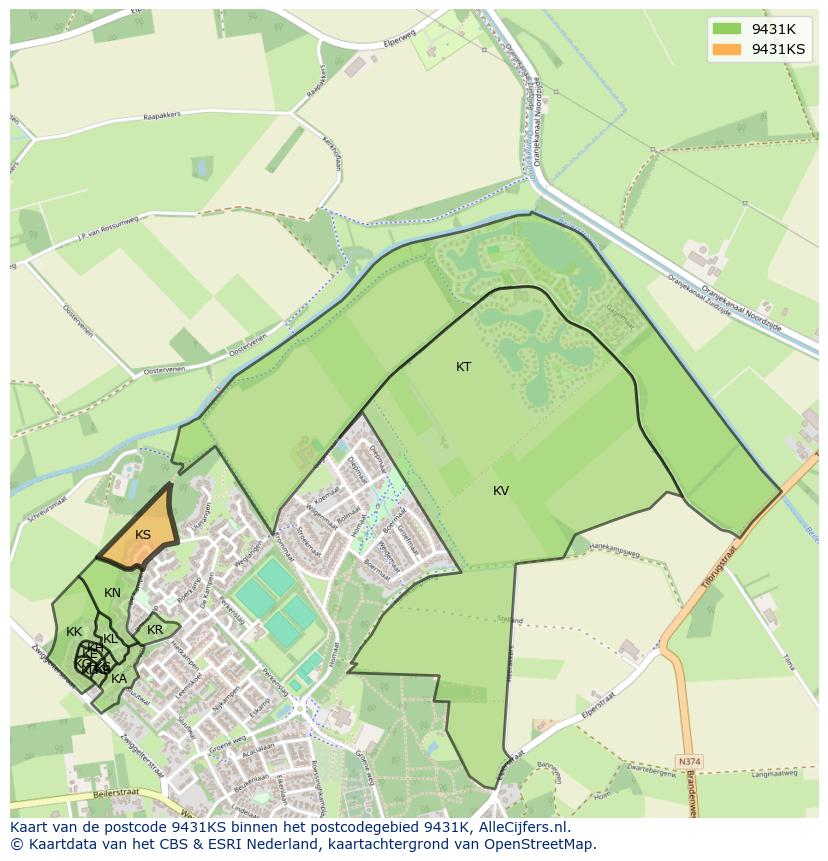 Afbeelding van het postcodegebied 9431 KS op de kaart.