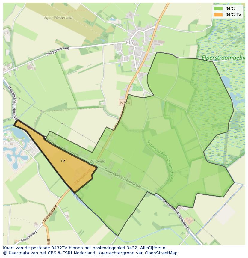 Afbeelding van het postcodegebied 9432 TV op de kaart.
