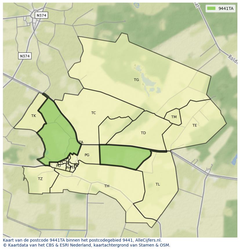 Afbeelding van het postcodegebied 9441 TA op de kaart.