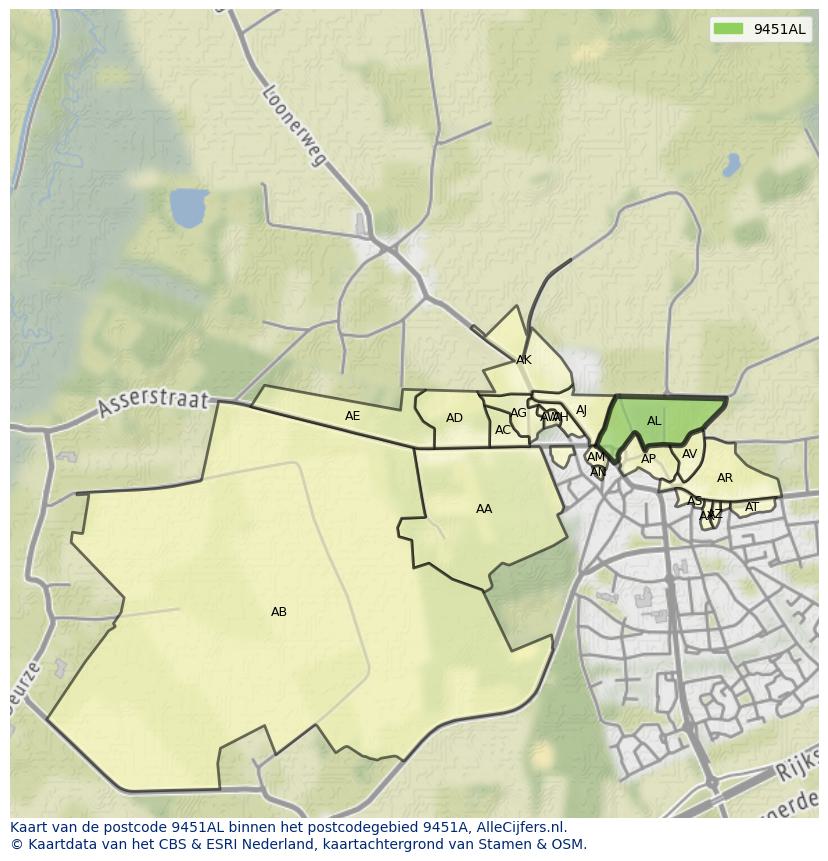 Afbeelding van het postcodegebied 9451 AL op de kaart.