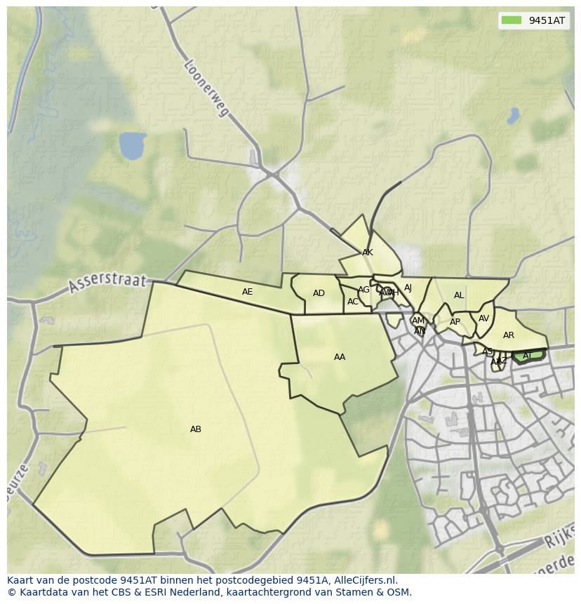 Afbeelding van het postcodegebied 9451 AT op de kaart.