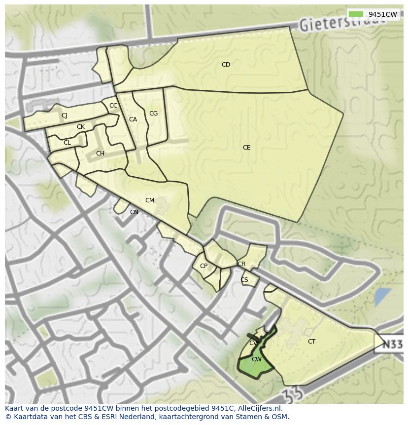 Afbeelding van het postcodegebied 9451 CW op de kaart.