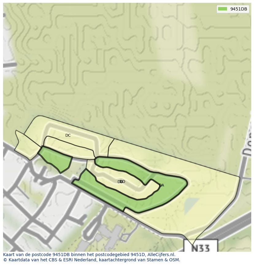 Afbeelding van het postcodegebied 9451 DB op de kaart.