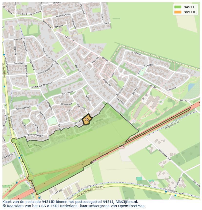 Afbeelding van het postcodegebied 9451 JD op de kaart.