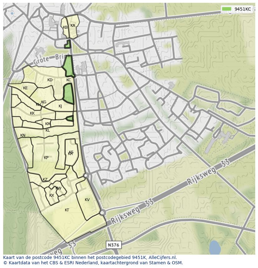 Afbeelding van het postcodegebied 9451 KC op de kaart.