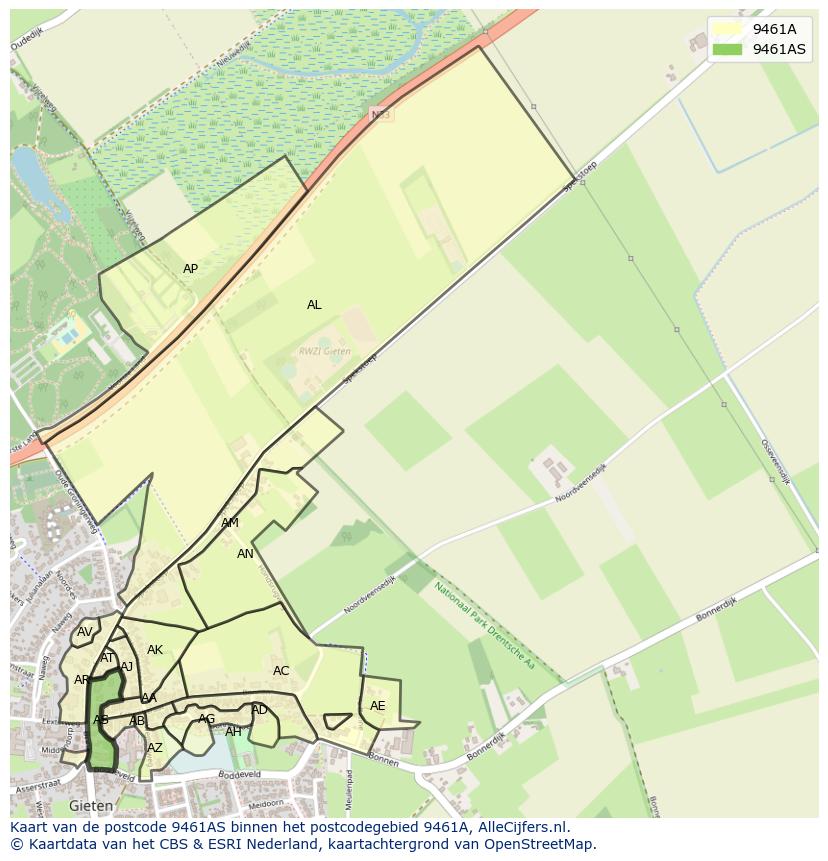 Afbeelding van het postcodegebied 9461 AS op de kaart.