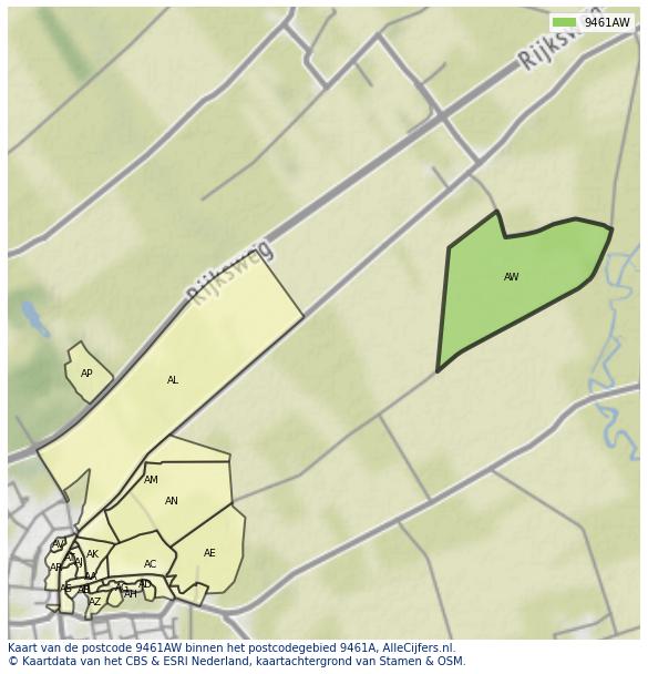 Afbeelding van het postcodegebied 9461 AW op de kaart.