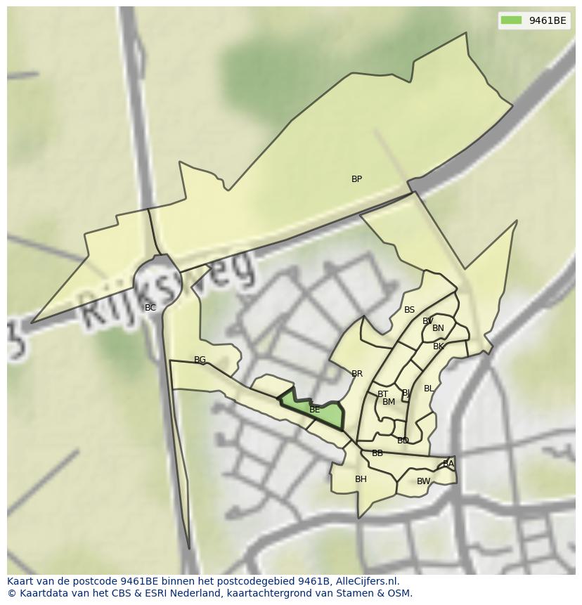 Afbeelding van het postcodegebied 9461 BE op de kaart.