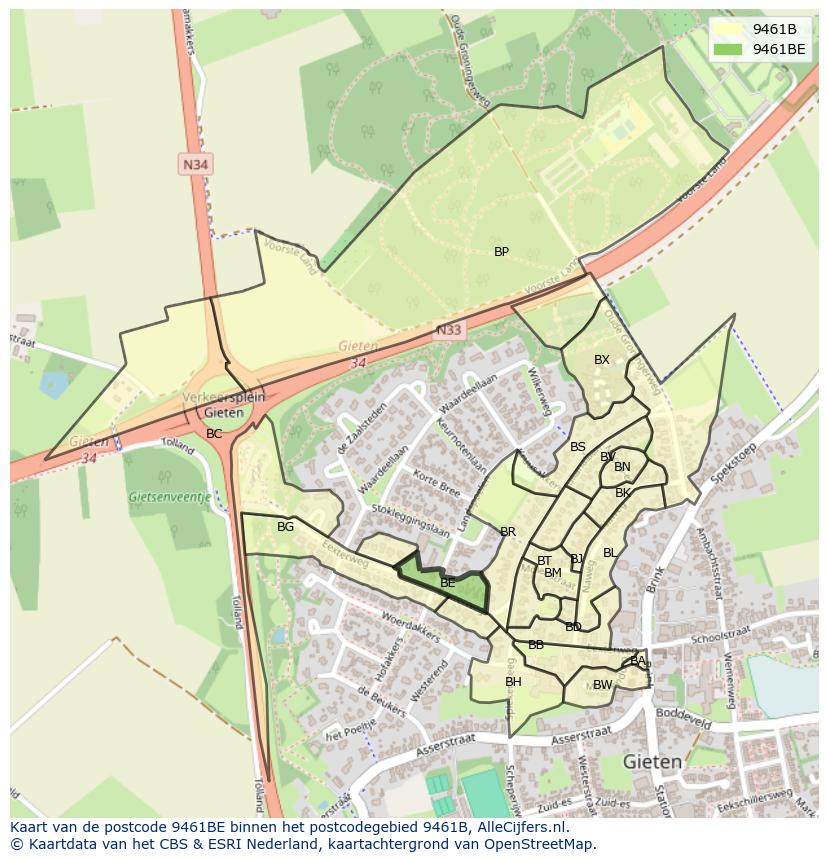 Afbeelding van het postcodegebied 9461 BE op de kaart.