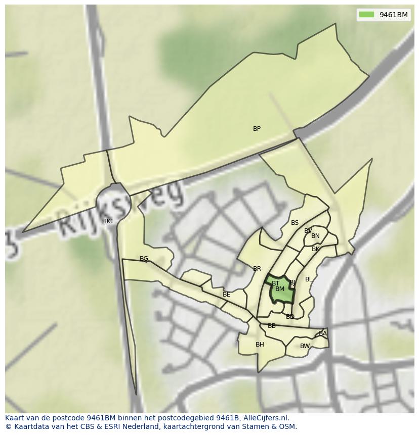 Afbeelding van het postcodegebied 9461 BM op de kaart.
