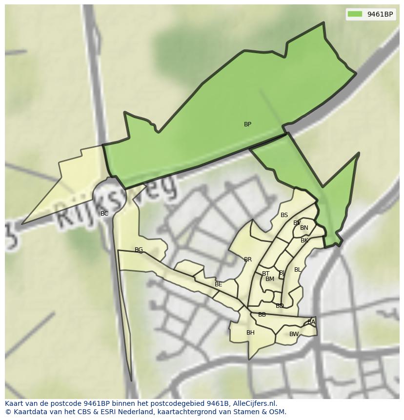 Afbeelding van het postcodegebied 9461 BP op de kaart.