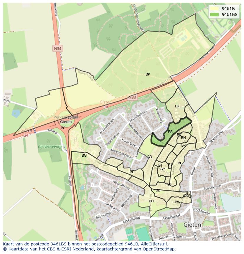 Afbeelding van het postcodegebied 9461 BS op de kaart.