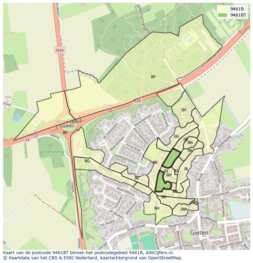 Afbeelding van het postcodegebied 9461 BT op de kaart.