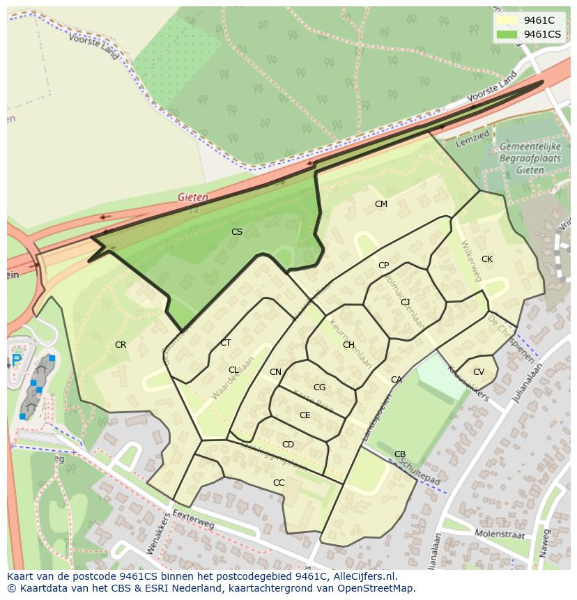 Afbeelding van het postcodegebied 9461 CS op de kaart.