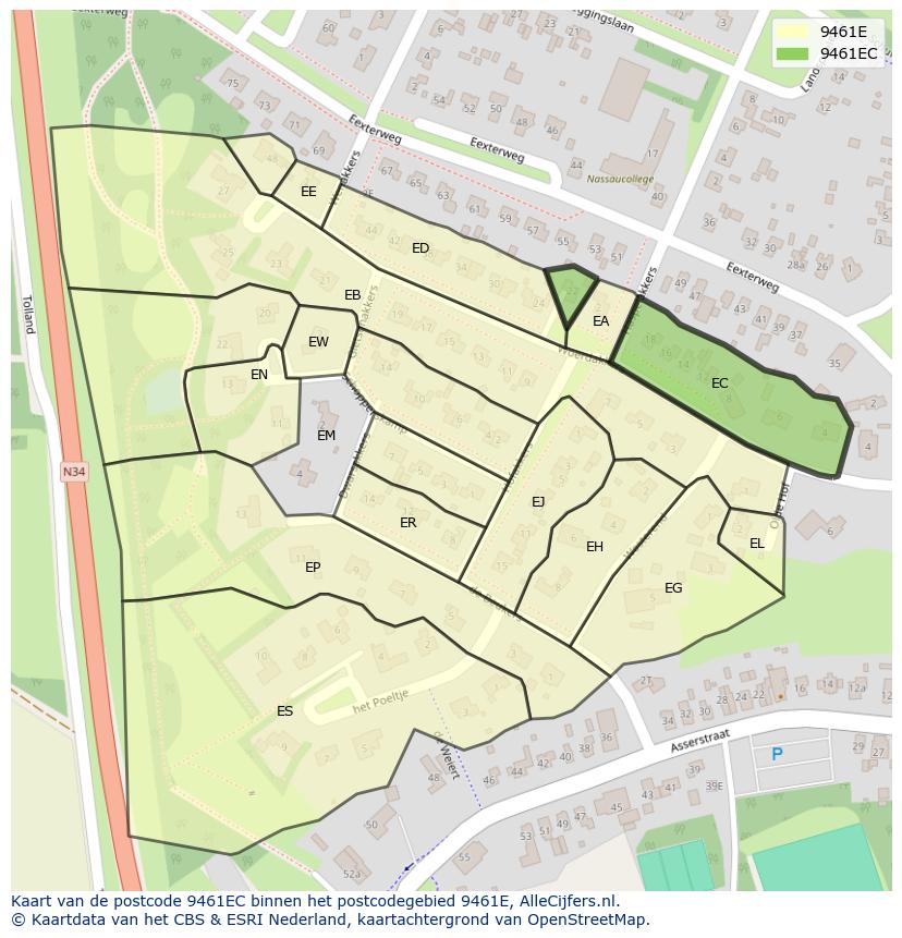 Afbeelding van het postcodegebied 9461 EC op de kaart.