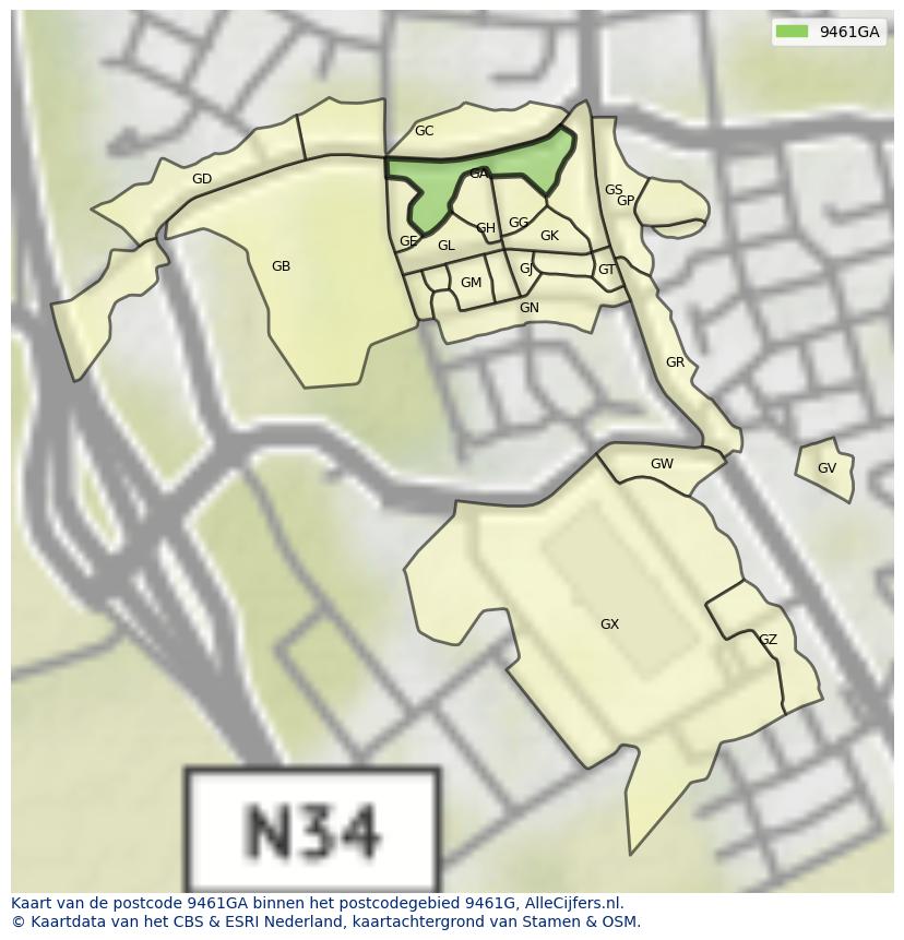 Afbeelding van het postcodegebied 9461 GA op de kaart.