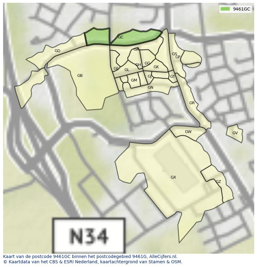 Afbeelding van het postcodegebied 9461 GC op de kaart.