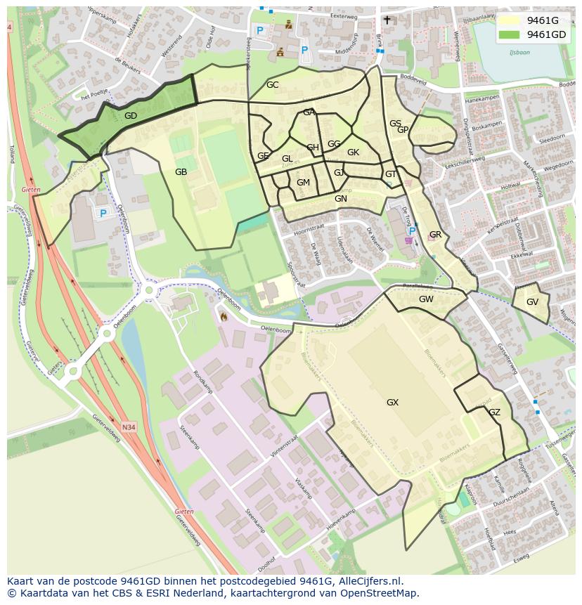 Afbeelding van het postcodegebied 9461 GD op de kaart.